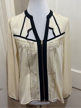 Ivory Blouse with Black Trim and Gold Stud Detailing